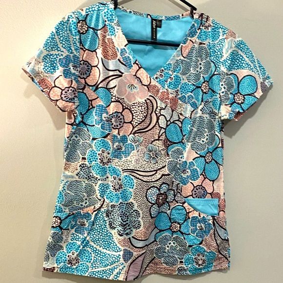 Paisley Floral Blue & Pink Scrub Top - Picture 1 of 11